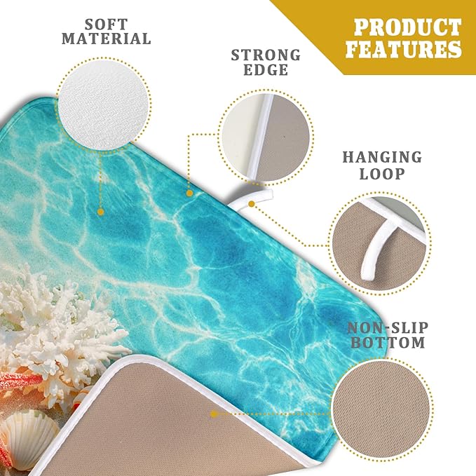 Giwawa Coastal Starfish Dish Drying Mat 16"x18" Ocean Blue Sea Coral Seashell Dish Drainer Mats Nautical Beach Themed Decorative Reversible Dish Drying Pad for Kitchen Countertop Dining Room