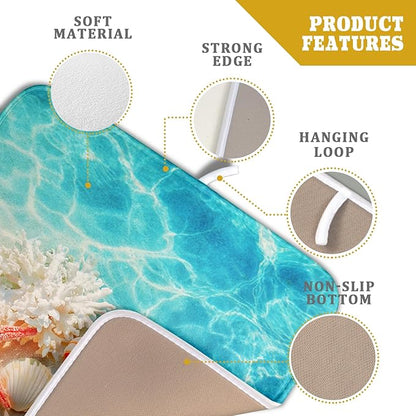 Giwawa Coastal Starfish Dish Drying Mat 16"x18" Ocean Blue Sea Coral Seashell Dish Drainer Mats Nautical Beach Themed Decorative Reversible Dish Drying Pad for Kitchen Countertop Dining Room
