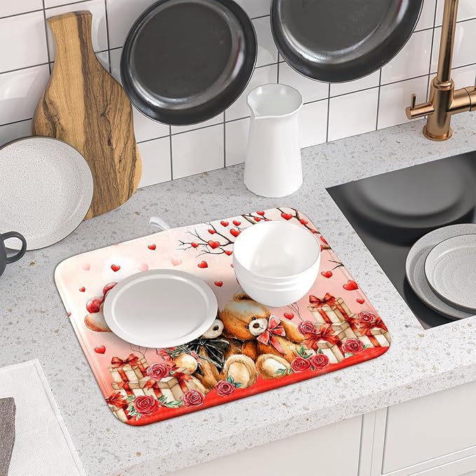 Valentines Day Dish Drying Mat Bear Lover Absorbent Kitchen Drying Mats for Countertops 18 X 16 - Image 6