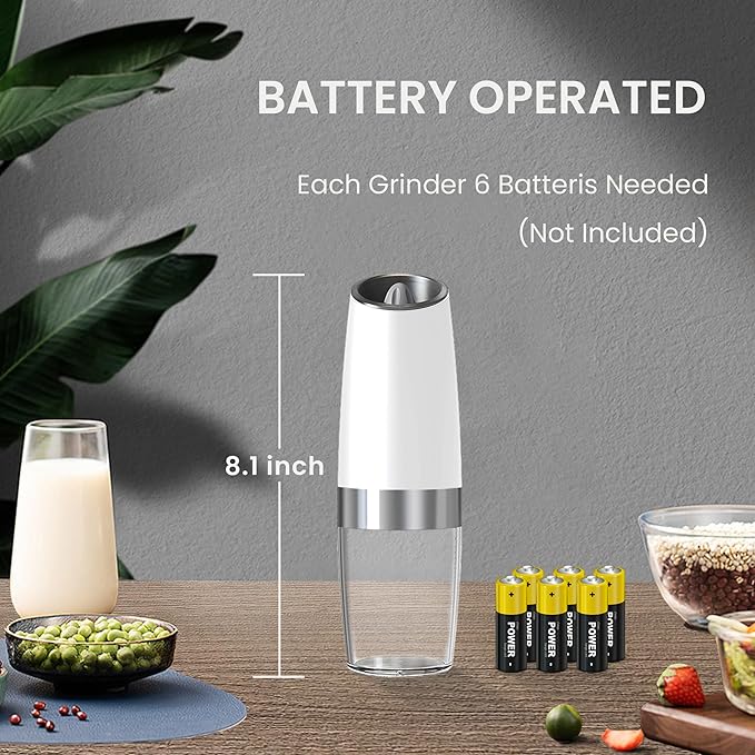 Battery Operated Salt And Pepper Grinder Set with LED Light, Automatic Electric Gravity Salt And Pepper Shakers Set, Each 6 AAA Batteries Needed, Adjustable Roughness, 2 Pack (White) - Image 4