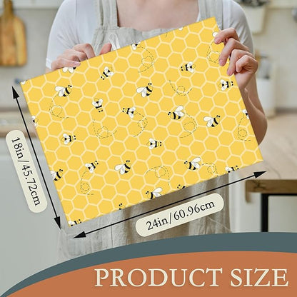 Yellow Bees Dish Drying Rack Mats Decor,Honey Honeycombs Dish Pad Drying Mat Kitchen Counter 18x24 Inch Absorbent Reversible Microfiber for Coffee Bar Sink Countertop