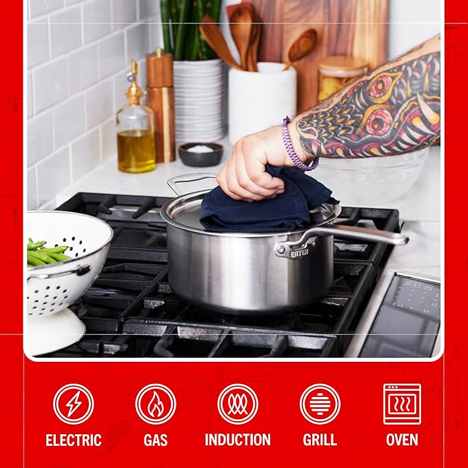 Heritage Steel x Eater 4 Quart Saucepan with Lid | Made in USA | 5-Ply Fully Clad Stainless Steel Pan | Stay Cool Handle Design | Induction Capable & Non-Toxic Cookware