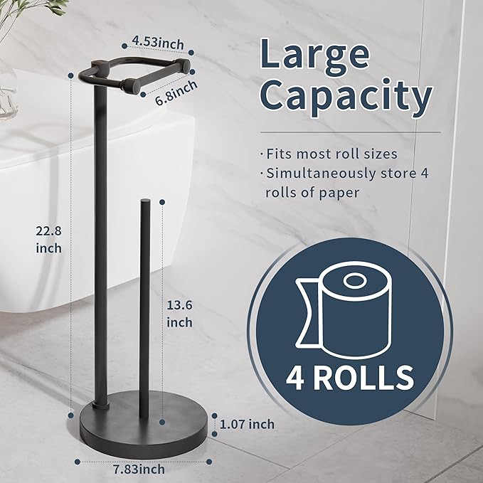 RARXTR Toilet Paper Holder Stand, Post Pivoting Design Free Standing Toilet Paper Holder with Storage for 4 Rolls, SUS304 Stainless Steel Tissue Holder with Reserve, Heavy-Duty Base (Matte Black)