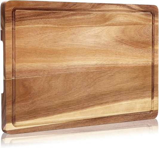XL Cutting Board, 18x12 Large Acacia Wooden Cutting Board for Kitchen, Edge Grain Wood Chopping Board with Juice Groove and Handles, Pre-Oiled Carving Tray for Meat & Cheese