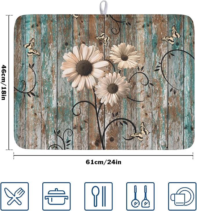 Dish Drying Mat for Kitchen Counter 18 x 24 Inch Rustic Vintage Daisy Floral Dish Drainer Mat Absorbent Microfiber Farmhouse Flowers Wooden Board Dish Rack Pad for Coffee Dining Bar Decor