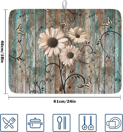 Dish Drying Mat for Kitchen Counter 18 x 24 Inch Rustic Vintage Daisy Floral Dish Drainer Mat Absorbent Microfiber Farmhouse Flowers Wooden Board Dish Rack Pad for Coffee Dining Bar Decor