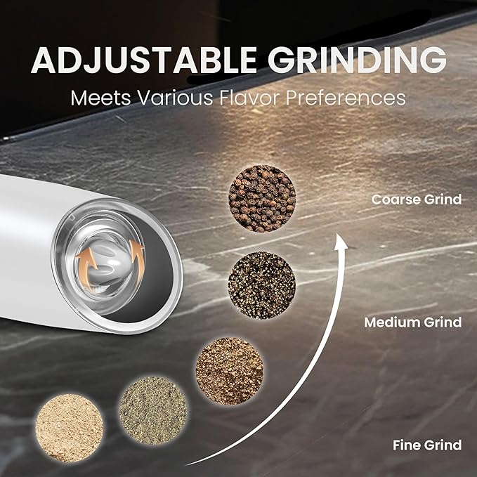 Rechargeable Salt And Pepper Grinder Set with LED Light, Automatic Electric Gravity Salt And Pepper Shakers Set, No Battery Needed, Adjustable Roughness, 2 Pack (Black&White) - Image 3