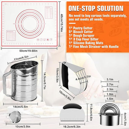 Biscuit Cutter Set,10PCS Stainless Steel Pastry Blender Set with Pastry Cutter,5PCS Biscuit Cutter,Dough Cutter,3 Cup Flour Sifter,Baking Mat and Fine Mesh Strainer for Cooking Cookies and Donuts - Image 6