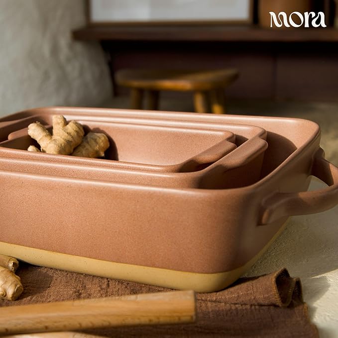 Mora Ceramic Set of 2 Baking Dishes For Casserole, Banana Bread, Brownies, Broiling, Roasting, and Baking. 7x11 in and Loaf Pans - Porcelain Serving Bakeware from Oven to Table. Freezer Safe - Terracotta - Image 7