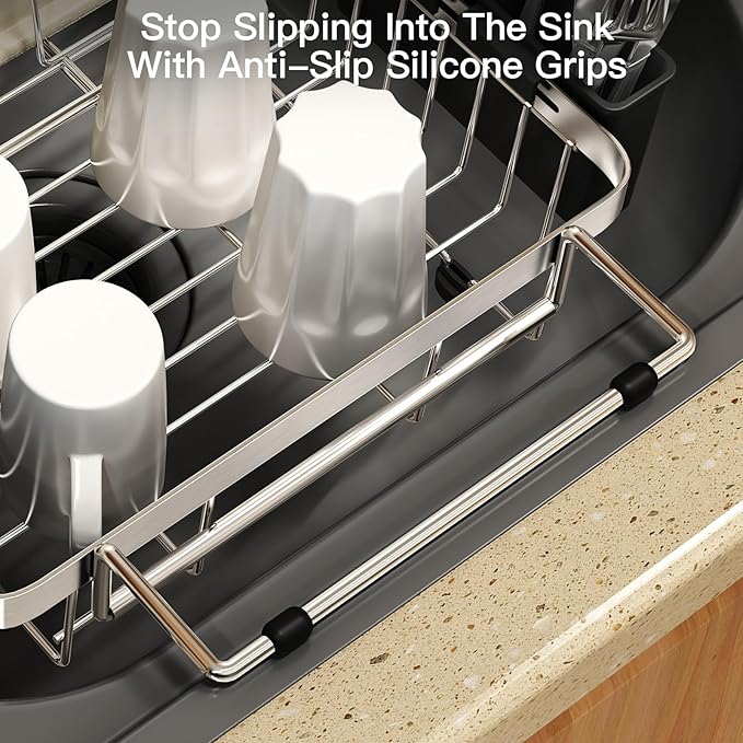 MAJALiS Dish Drying Rack Over The Sink, Expandable Stainless Steel Dish Drainer for Small Kitchen Counter Space Saving, RV Compact Plate Strainer In Silver Metal with Hanging Adjustable Utensil Holder - Image 6