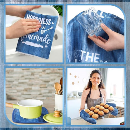 Leinuosen 8 Pcs Farmhouse Kitchen Decor Towels and Oven Mitts Sets Pot Holders Dishcloths Set Kitchen Decorative Accessories Absorbent Potholders Heat Resistant for Chef Baking Cooking - Image 6