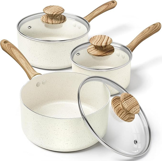 MICHELANGELO Saucepan Set with Lid, Nonstick Sauce Pan Sets with Granite Coatings, Non-Toxic Sauce Pot Sets of 3, Induction Compatible, 1Qt, 2Qt & 3Qt, White by Michelangelo