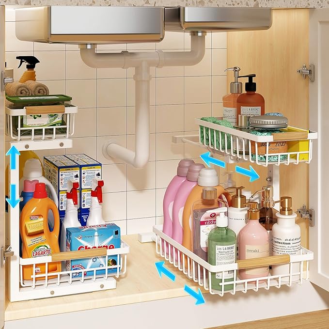 REALINN Under Sink Organizer, Height Adjustable 2 Tier Pull Out Cabinet Storage, L-Shaped Drawer Organizer for Kitchen Sink Organizer, Bathroom Organizers and Storage, Smooth Sliding Rails, White