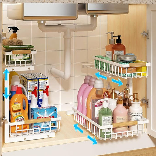 REALINN Under Sink Organizer, Height Adjustable 2 Tier Pull Out Cabinet Storage, L-Shaped Drawer Organizer for Kitchen Sink Organizer, Bathroom Organizers and Storage, Smooth Sliding Rails, White