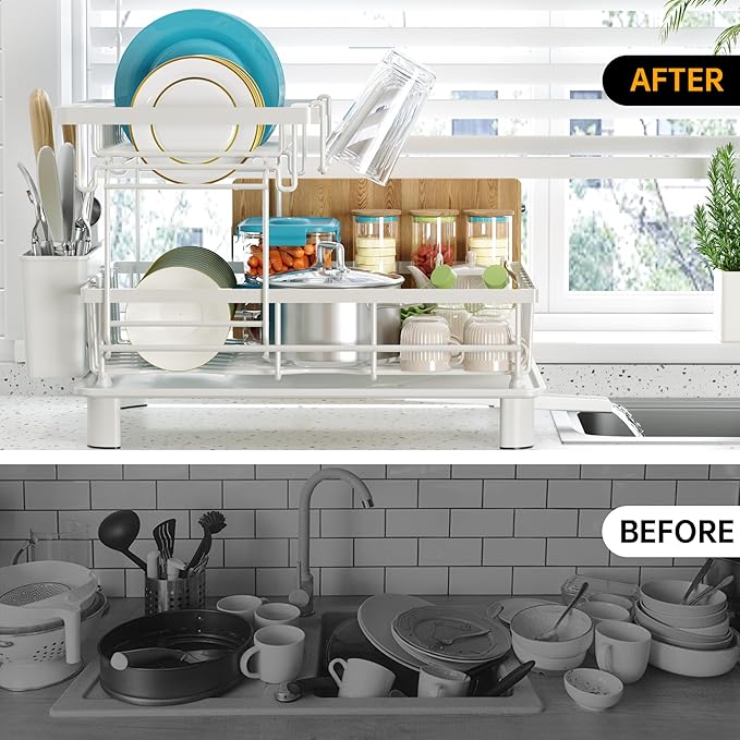 Dish Drying Rack, 2 Tier Dish Racks for Kitchen Counter, Compact Dish Drainer Rack, Detachable Dish Rack with Drainboard, Utensil Holder, Cup Holder for Small Space - White - Image 9