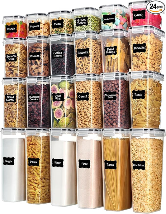 Airtight Food Storage Containers with Lids, Vtopmart 24 pcs Plastic Kitchen and Pantry Organization Canisters for Cereal, Dry Food, Flour and Sugar, BPA Free, Includes 24 Labels，Black by Vtopmart