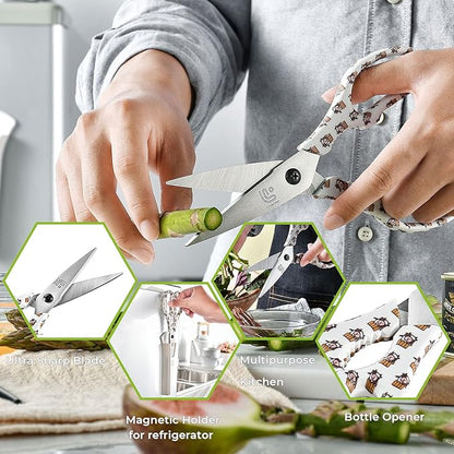 Linoroso Kitchen Scissors Heavy Duty Kitchen Shears with Magnetic Holder Made with Japanese Steel 4034, Multipurpose Ultra Sharp Cooking Scissors for Meat/Vegetables/BBQ/Herbs/Pizza (Graphic,Cow) - Image 3