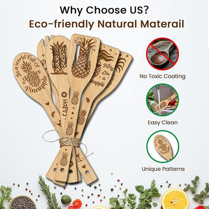 CUTHOLLOW 6PCS Happy as a Pineapple Wooden Kitchen Cooking Utensil Set, 11.9in Non Toxic Bamboo Wood Spoon Set for Cooking, Best Housewarming Birthday Thanksgiving Christmas Gift for Women Mother