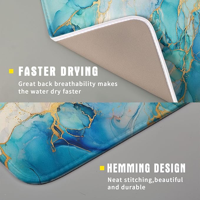 Marble Print Dish Drying Mat for Kitchen Counter,Blue Teal Turquoise Gold Drying Mat 16 x 18 Inch with Absorbent Reversible Microfiber Drying Pad for Coffee Bar - Image 3