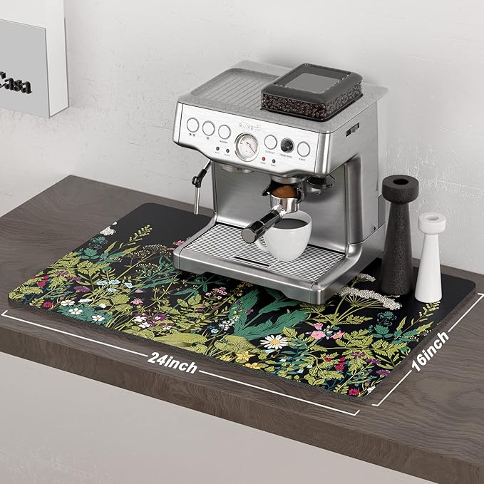 Rnivvi Coffee Mat, 16" x 24" Cute Flower Theme Coffee Bar Mats for Espresso Machine Station Accessories and Organizer, Hide Stain Rubber Backed Absorbent Dish Drying Pad for Kitchen Counter, Black - Image 2