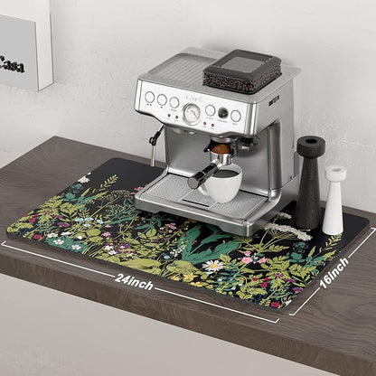 Rnivvi Coffee Mat, 16" x 24" Cute Flower Theme Coffee Bar Mats for Espresso Machine Station Accessories and Organizer, Hide Stain Rubber Backed Absorbent Dish Drying Pad for Kitchen Counter, Black - Image 2