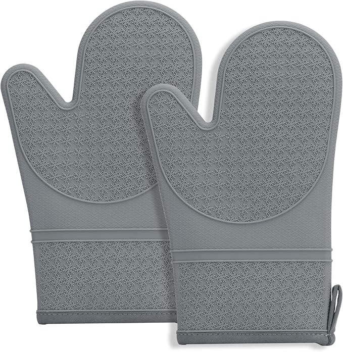 Hovico Silicone Oven Mitts, Heat Resistant 500F Kitchen Mitts 2PCS, 11.6" BPA-Free Soft Baking Gloves, Non-Slip Grip Oven Gloves with Soft Cotton Lining for Kitchen Cooking Baking BBQ - Gray by Hovico