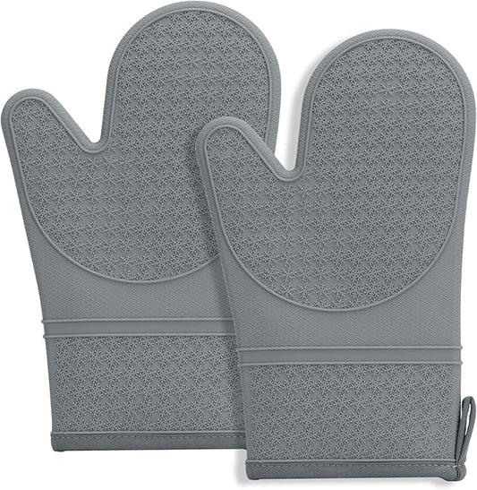 Hovico Silicone Oven Mitts, Heat Resistant 500F Kitchen Mitts 2PCS, 11.6" BPA-Free Soft Baking Gloves, Non-Slip Grip Oven Gloves with Soft Cotton Lining for Kitchen Cooking Baking BBQ - Gray by Hovico