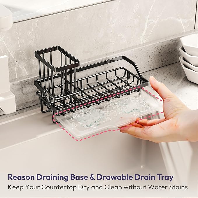 SWTYMIKI Sink Caddy Sponge Holder - Kitchen Sink Organizer with High Brush Holder for Countertop to Hold Dish Soaps and Sponges, Stainless Steel, Black - Image 3