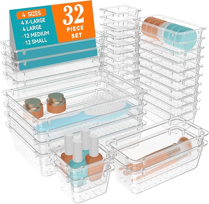 WOWBOX 32 PCS Clear Plastic Drawer Organizer Set, 4 Sizes Desk Drawer Organization and Storage Containers for Makeup, Cosmetics, Jewelry and Gadgets in Kitchen, Bathroom, Bedroom, Office, Clear by WOWBOX