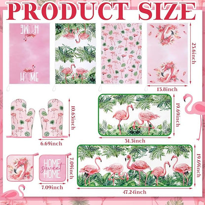 Fourluoo 10 Pcs Flamingo Kitchen Dish Towels Rugs Oven Mitts and Pot Holders Set Farmhouse Kitchen Decor Set for Women Mom Daughter Gift Cooking Baking Grilling(Cute Pink)