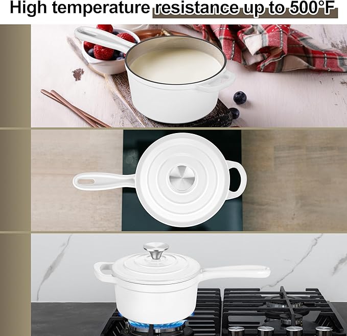 1 QT Enameled Cast Iron Saucepan, Leonyo Sauce Pan with Lid, Cast Iron Enamel Cookware Kitchen Milk Pot for All Cooktops Cooking Pasta, Soup, Egg - Up to 500°F & 4.4Lbs, White