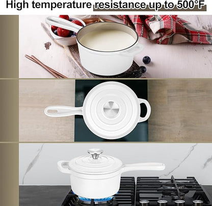 1 Qt & 2 Qt Pots and Pans Set, Leonyo Enameled Cast Iron Saucepan with Lid, Small Cast Iron Dutch Oven Kitchen Cookware Appliances for All Cooktops Cooking Pasta, Milk, Egg - Up to 500°F, White