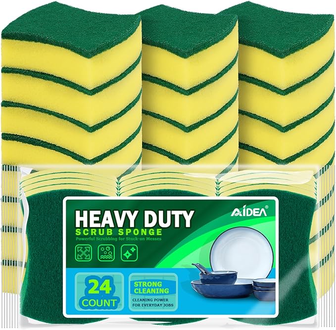 AIDEA Sponges Kitchen, 24 Pack Heavy Duty Dish Sponge, Cleaning Dish Scrubber Sponge for Home and Kitchen, Stink-Free Cleaning Supplies for Pots, Pans by AIDEAHOME