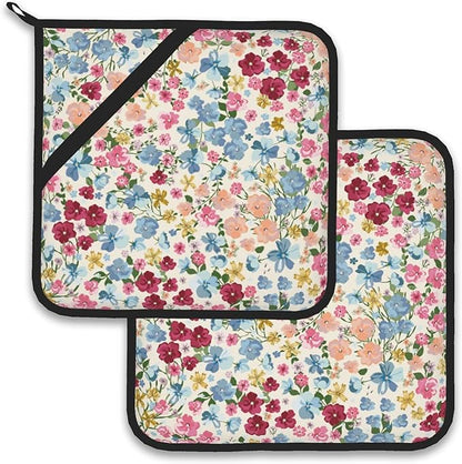 Wild Flowers Floral Meadow Pot Holder Set of 2,Heat Resistant Potholders Oven Hot Pads for Kitchen Cooking Baking BBQ