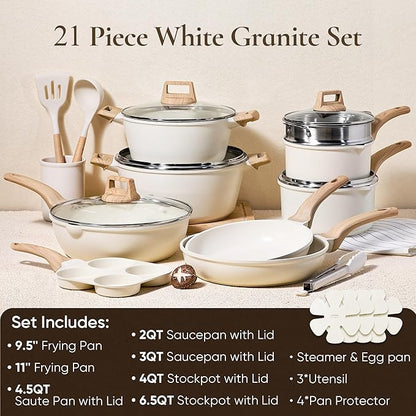 CAROTE 21Pcs Pots and Pans Set, Nonstick Cookware Sets, White Granite Induction Cookware Non Stick Cooking Set w/Frying Pans & Saucepans(PFOS, PFOA Free) - Image 2