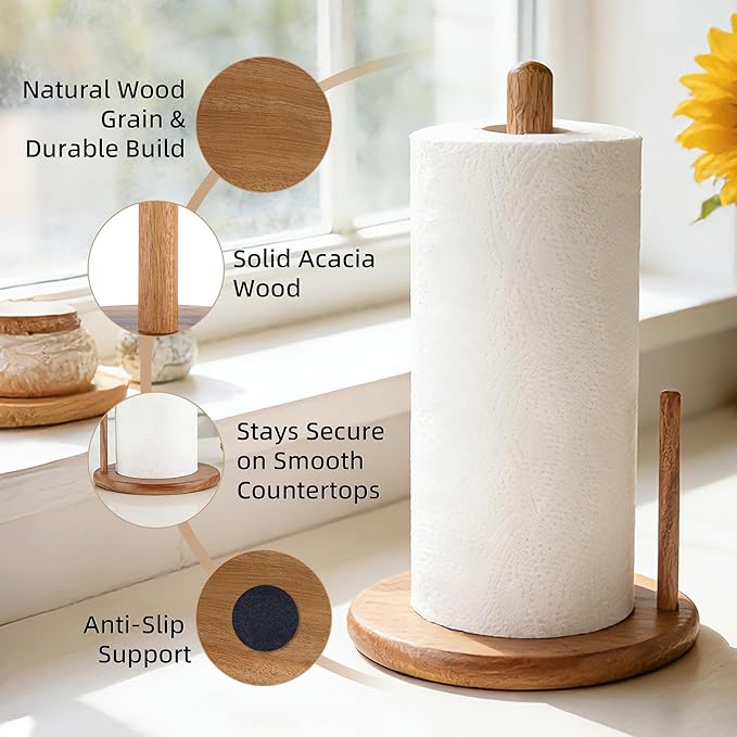 Jumbo Acacia Wood Paper Towel Holder – Large 8.27" Diameter Non-Slip Base, Countertop Wooden Paper Towel Holder for Kitchen, Dining, Coffee Bar, Thick & Stable, Easy Assembly, Natural Wood Finish - Image 4