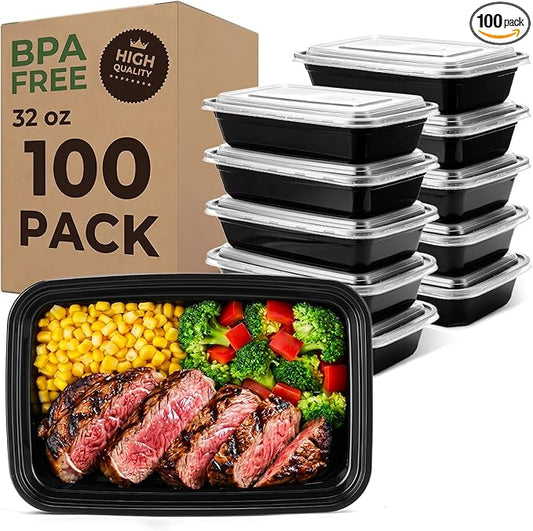 Glotoch Meal Prep Containers 32oz 100 Pack(200 Piece) with Lids, Reusable 1-Compartment Food Storage Containers, Bento Lunch Boxes, Microwave/Freezer/Dishwasher Safe, BPA-Free Takeout Boxes