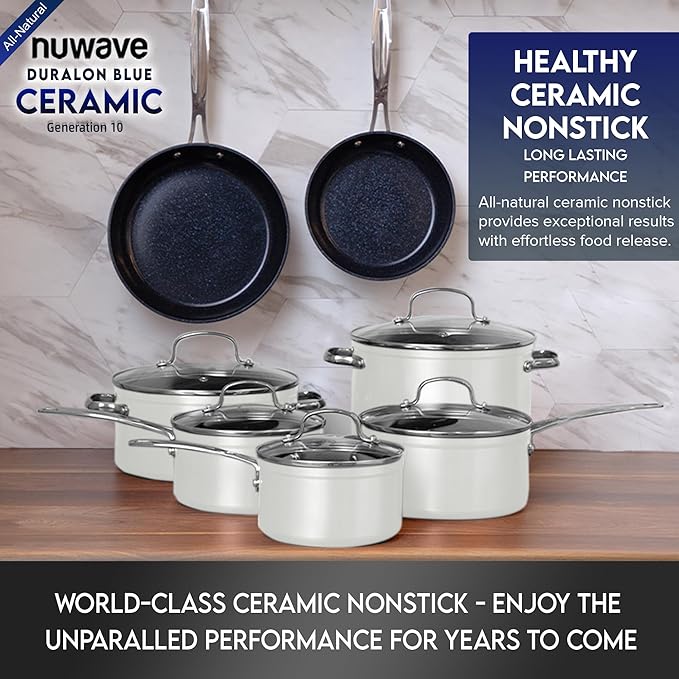 Nuwave Healthy Duralon Blue Ceramic Nonstick Cookware Set, Diamond Infused Scratch-Resistant, PFAS Free, Dishwasher & Oven Safe, Induction Ready & Evenly Heats, Tempered Glass Lids & Stay-Cool Handles - Image 8