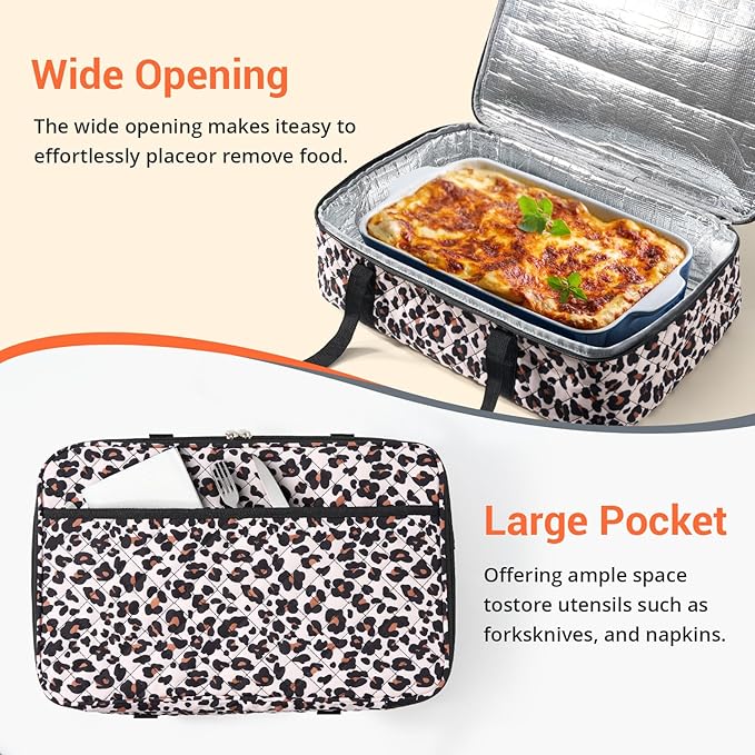 Insulated Casserole Carrier Portable Food Tote for Hot or Cold – Fits 9"x13" Baking Dish, Lasagna Holder for Parties, Picnic, Travel, Beach - Leopard Print