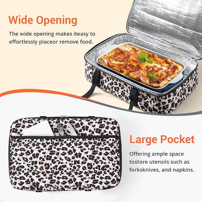 Insulated Casserole Carrier Portable Food Tote for Hot or Cold – Fits 9"x13" Baking Dish, Lasagna Holder for Parties, Picnic, Travel, Beach - Leopard Print