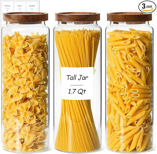 ComSaf 3Pcs (1.7Qt) Airtight Glass Pasta Storage Containers with Acacia Wood Lids, Tall Pantry Storage Container for Organizing Spaghetti and Pasta, Thick Glass Spaghetti Container with Pasta Labels by ComSaf