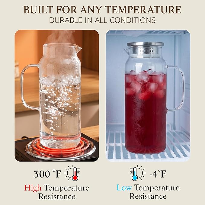 2 Pack Glass Pitcher with Lid and Handle, 68oz 2 Liter Borosilicate Glass Water Pitcher for Fridge, Heat Resistant Iced Tea Pitcher, Glass Carafe for Hot Cold Beverages Juice Lemonade