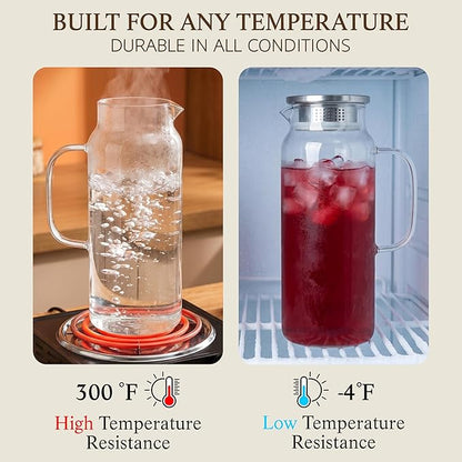 2 Pack Glass Pitcher with Lid and Handle, 68oz 2 Liter Borosilicate Glass Water Pitcher for Fridge, Heat Resistant Iced Tea Pitcher, Glass Carafe for Hot Cold Beverages Juice Lemonade