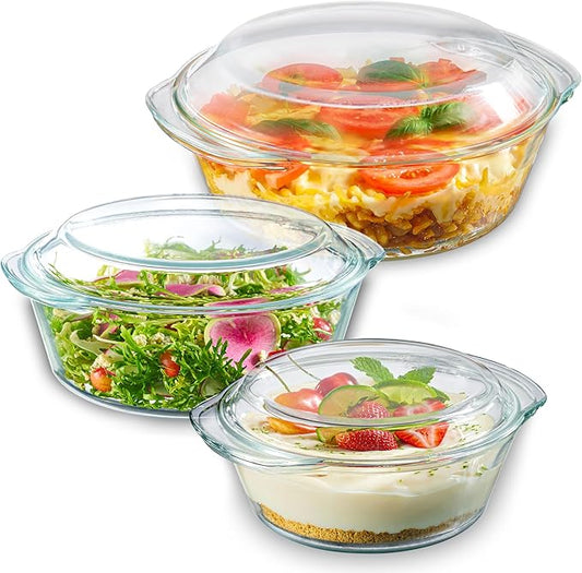 Le'raze 6-Piece Glass Tureen Dishes for Oven - Durable Borosilicate Glass Bakeware Set with Lids, Microwave Safe, Versatile Round Covered Baking Dishes. Clear Lead-Free Casserole Cookware. by LERAZE