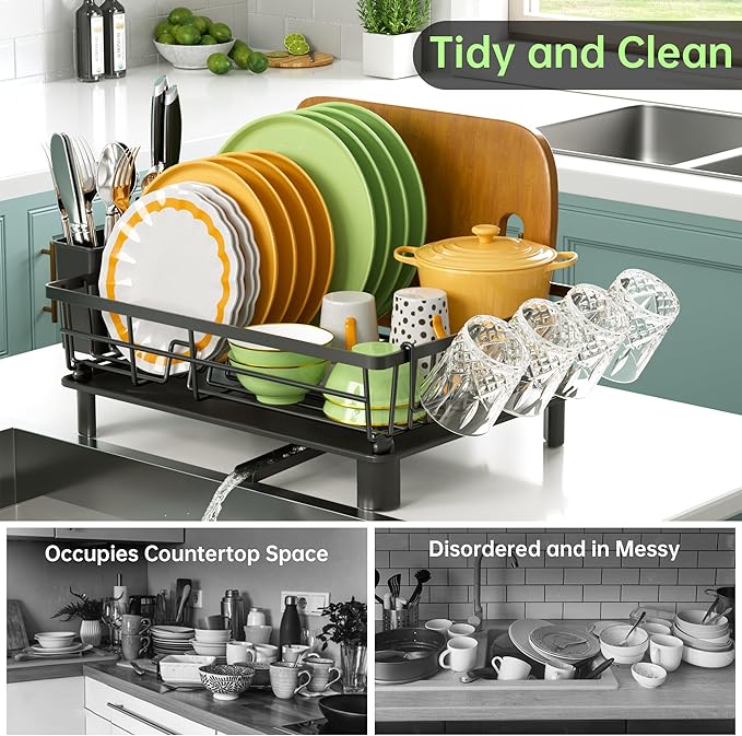 Dish Drying Rack, Dish Racks for Kitchen Counter, Detachable Dish Drainer with Drainboard, Utensil Holder, Cup Holder, Space Saving Kitchen Drying Rack for Small Home and Appartment, Black - Image 7