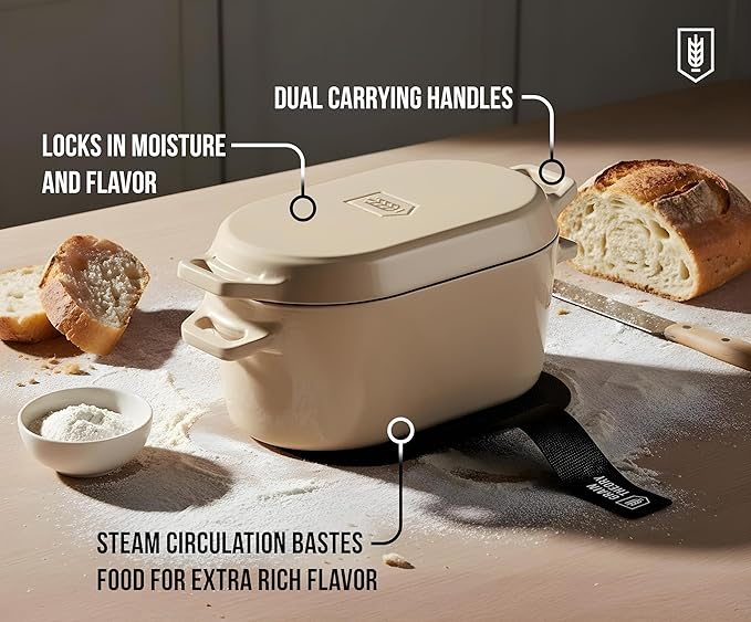 Kook Dutch Oven, for Bread Baking, Sourdough Loaf Pan, Dual Handles, Enameled Cast Iron, with Sling, Dishwasher Safe, Oven safe 500F, 3.4 Qt, Ivory - Image 4
