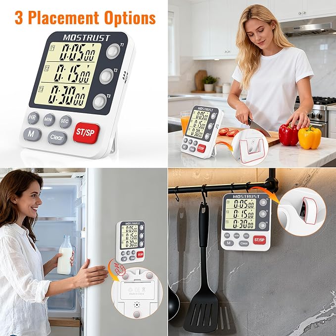 Digital Dual Kitchen Timer, 3 Channels Countdown Triple Timer for Cooking, Magnetic Memory-Preset Large Display Adjustable Alarm Volume, Multi Times Management, 3A Battery Included, White - Image 6
