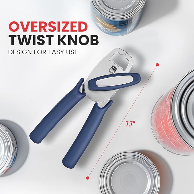 Zulay Kitchen Heavy Duty Stainless Steel Manual Can Opener – Ergonomic Soft Grip Handles, Smooth Edge Cutting Wheel & Large Built In Bottle Opener – Easy Turn Knob for Effortless Use - Blue - Image 2
