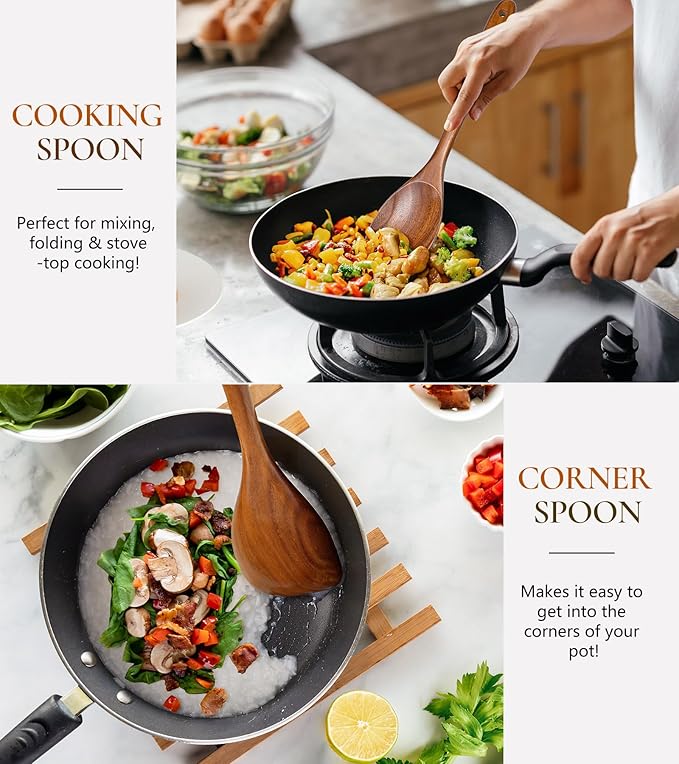 2Pcs Wooden Spoons for Cooking, Natural Premium Teak Wood Spoon & Corner Spoon, Good Grip Large Cooking Spoons Spatula, Heat Resistant Wooden Kitchen Cooking Utensils Set for Nonstick Cookware - Image 4