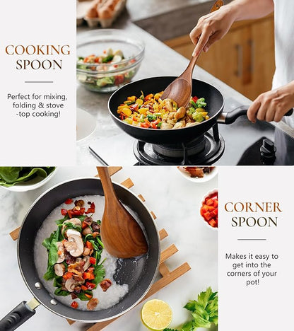 2Pcs Wooden Spoons for Cooking, Natural Premium Teak Wood Spoon & Corner Spoon, Good Grip Large Cooking Spoons Spatula, Heat Resistant Wooden Kitchen Cooking Utensils Set for Nonstick Cookware - Image 4
